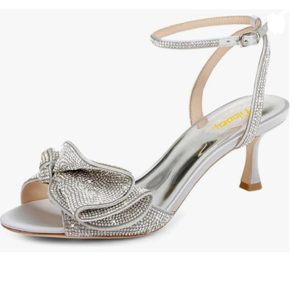 Milooey Silver Glitter Rhinestone Bow Crystal Ankle Strap Kitten Heel Sandal